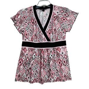 AB‎ Studio Shirt Womens Medium White Pink Geometric Babydoll Vintage 2000s Y2K